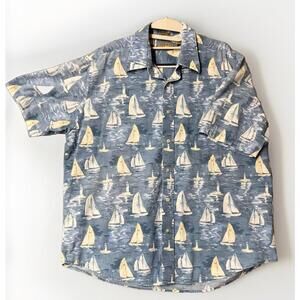 Mens L Hawaiian Shirt Sail Boat Blue Tan Short Sleeve Resort Chill Natural Issue